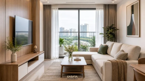 Phòng khách căn hộ có sofa chữ L, kệ tivi gỗ và cửa kính lớn