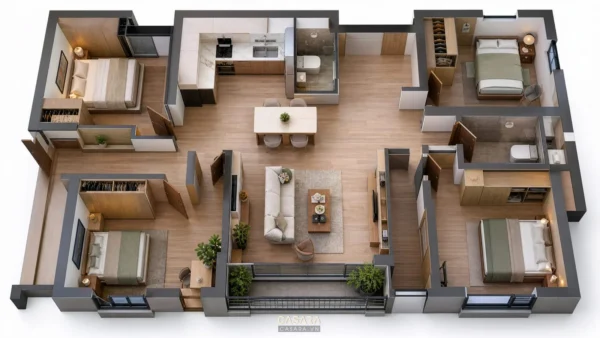Mặt bằng 3D căn hộ 100m2 với nhiều phòng ngủ, phòng khách và bếp ăn trung tâm