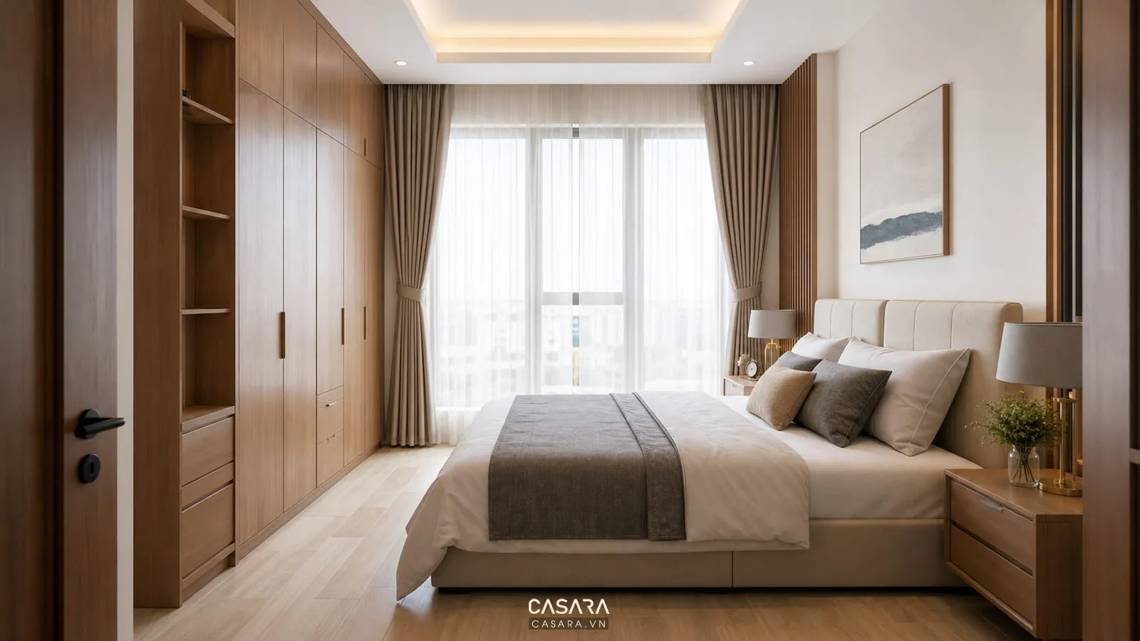 Phòng ngủ chung cư mini 100m2 với giường đôi tủ quần áo kịch trần và lối đi thoáng