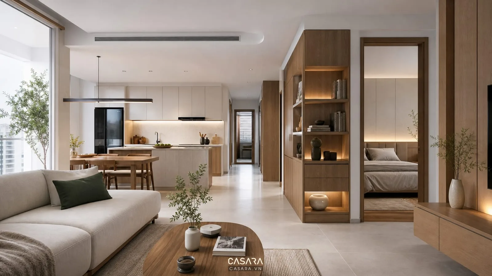 Thiết kế chung cư mini 150m2 với phòng khách bếp mở và nhiều phòng ngủ