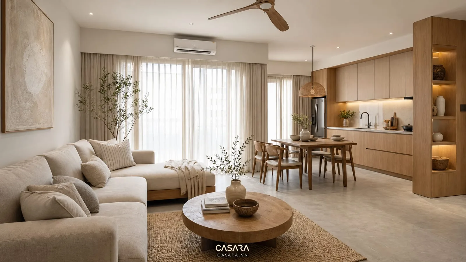 Phòng khách bếp chung cư mini 150m2 phong cách wabi sabi nhẹ nhàng