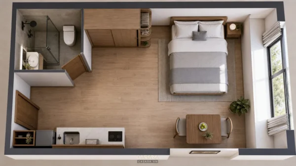 Mặt bằng căn hộ studio 20m2 với giường ngủ, bếp nhỏ, bàn ăn và phòng tắm