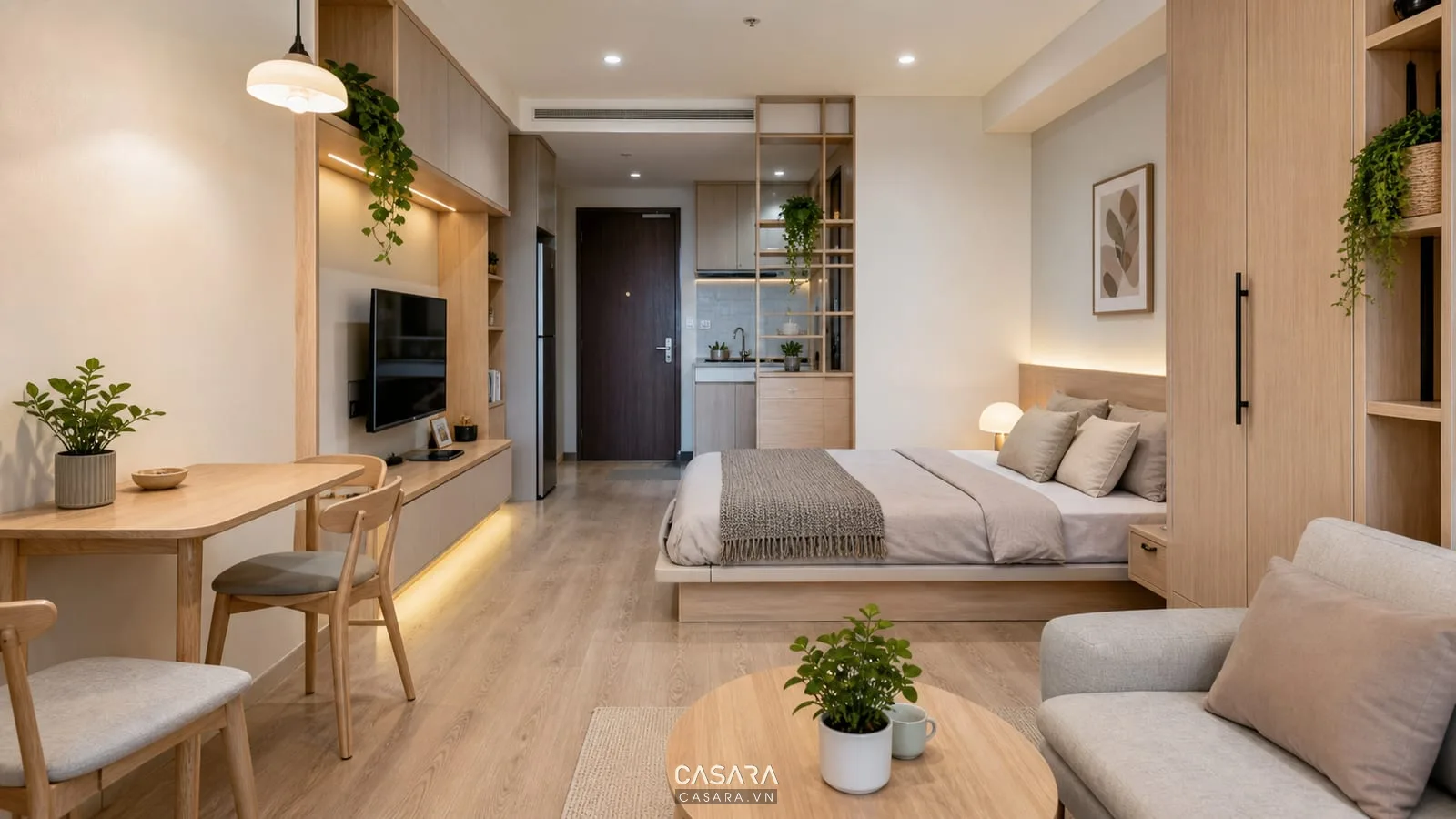 Nội thất hiện đại ấm cho chung cư mini 20m2 với giường thấp bàn nhỏ và ánh sáng dịu