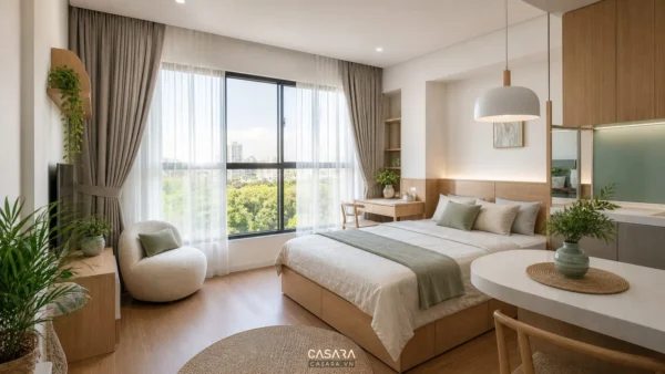 Căn hộ mini sáng thoáng với cửa sổ lớn, giường ngủ cạnh khu bếp và bàn ăn nhỏ
