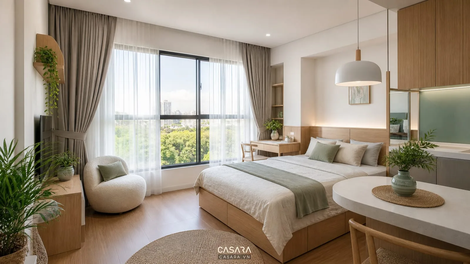Chung cư mini 20m2 có cửa sổ lớn rèm hai lớp giường ngủ và góc thư giãn nhỏ