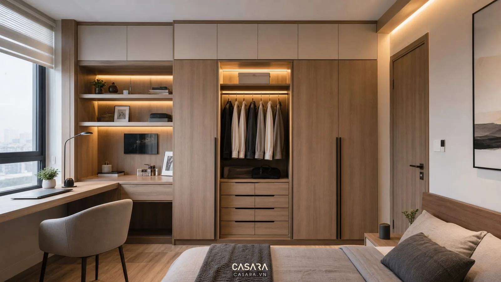 hệ tủ quần áo âm tường và bàn làm việc trong phòng ngủ chung cư mini