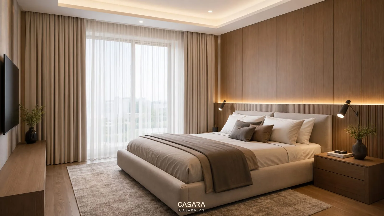 phòng ngủ chung cư mini hiện đại có giường, vách gỗ và ánh sáng thư giãn