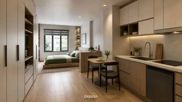 Căn hộ mini 25m2 có giường ngủ, bếp nhỏ, bàn ăn và hệ tủ kịch trần