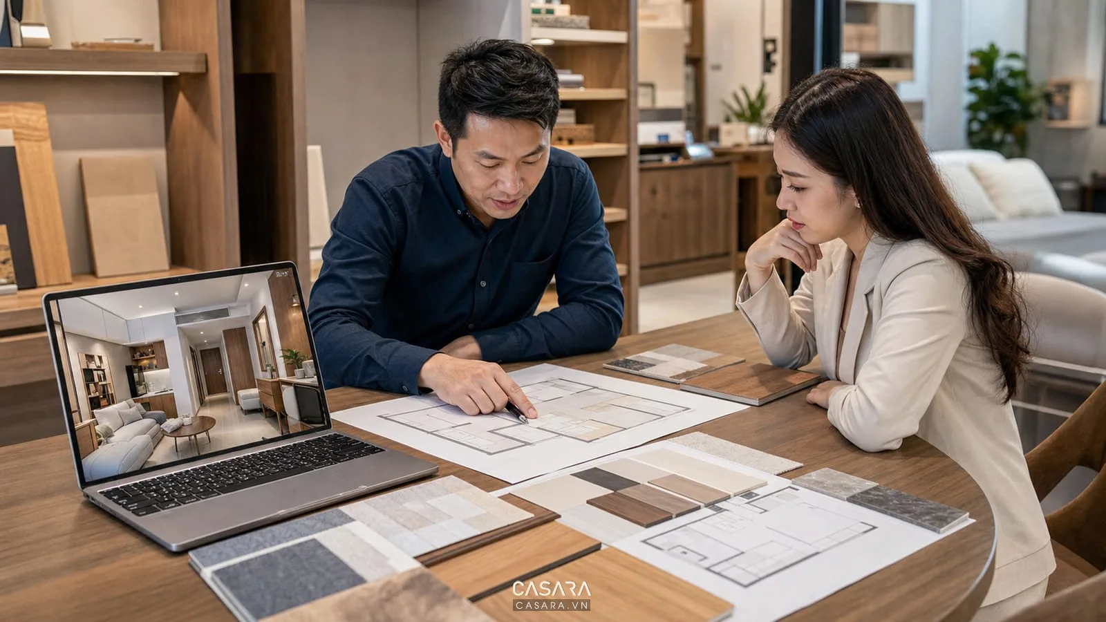 Bàn tư vấn thiết kế chung cư mini 25m2 với bản vẽ mặt bằng, mẫu vật liệu và phối cảnh căn hộ nhỏ trên laptop