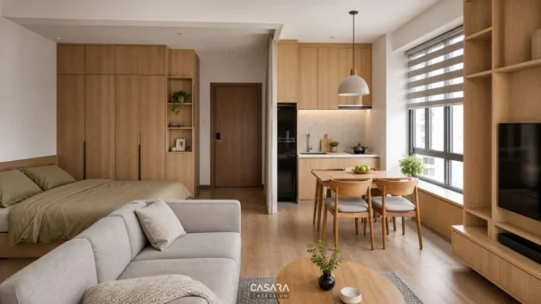 Căn hộ mini 40m2 có giường ngủ, sofa, bếp và bàn ăn trong cùng không gian