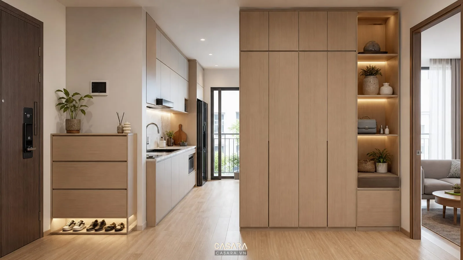 hệ tủ lưu trữ trong thiết kế chung cư mini 40m2 với tủ giày tủ bếp và tủ áo cao kịch trần