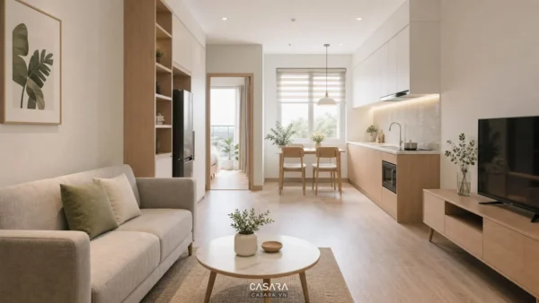 Phòng khách bếp căn hộ mini với sofa nhỏ, bếp chữ I và bàn ăn hai ghế