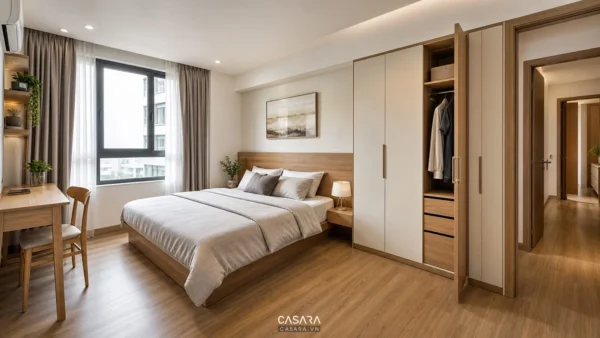 Phòng ngủ chung cư mini 45m2 có giường đôi, bàn làm việc và tủ quần áo sát tường
