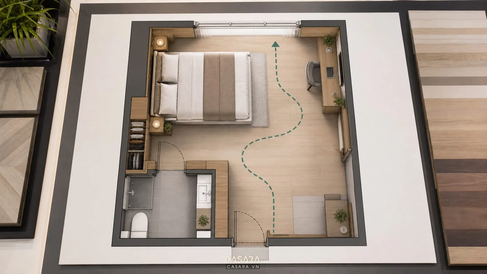 bản thiết kế chung cư mini có mặt bằng phòng ngủ và lối đi quanh giường