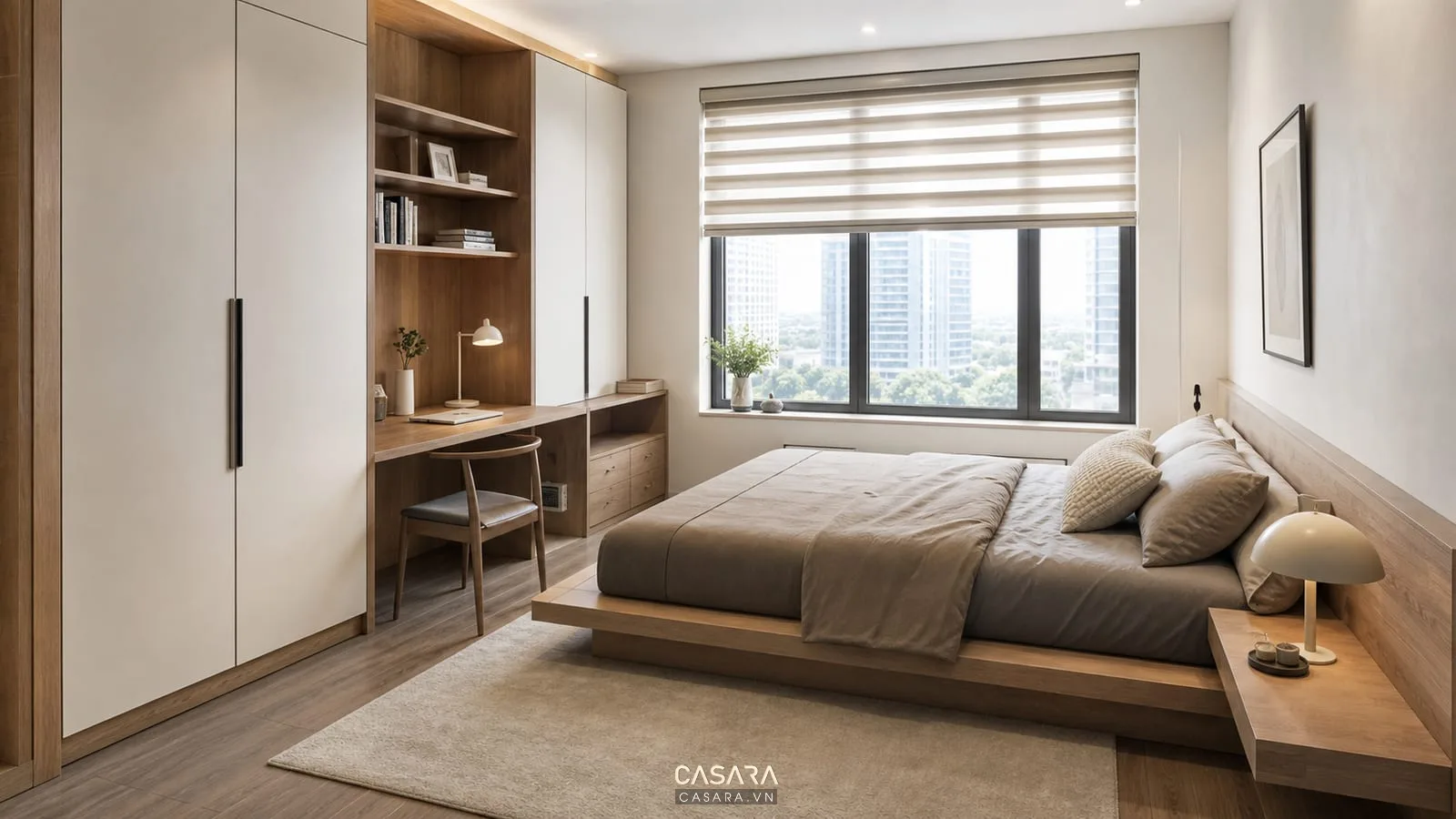phòng ngủ chung cư mini có tủ quần áo liền bàn làm việc và giường gọn