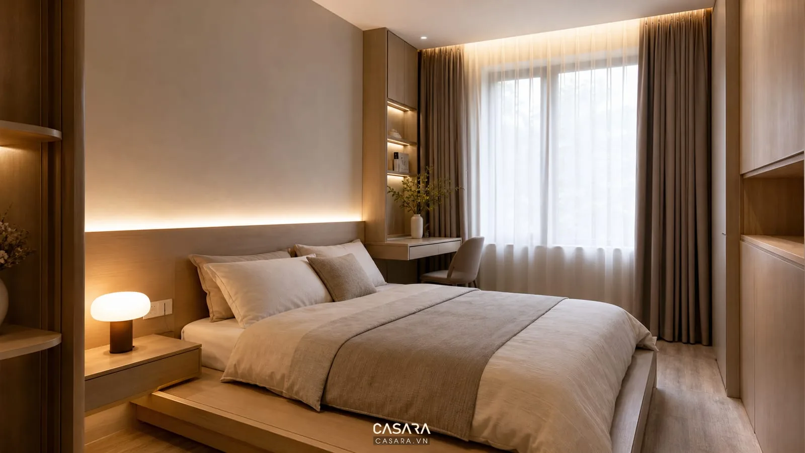 phòng ngủ chung cư mini 45m2 có ánh sáng dịu và rèm hai lớp