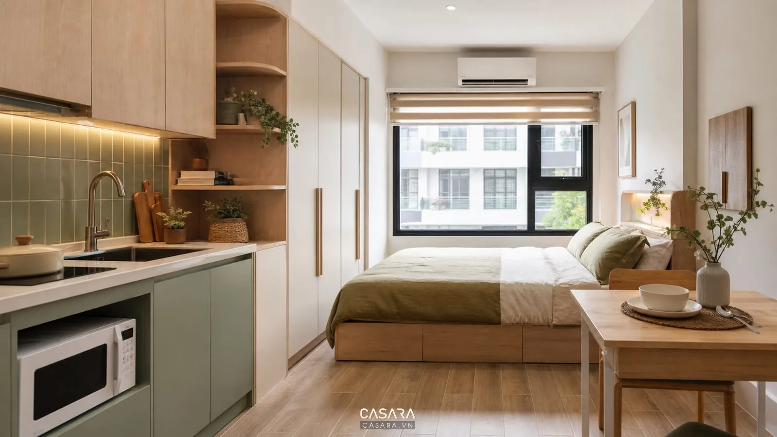 căn hộ chung cư mini 5 tầng có bếp mini giường tủ và bàn ăn gọn