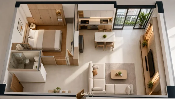 Thiết kế chung cư mini 50m2 với mặt bằng phòng khách bếp phòng ngủ và lối đi rõ ràng