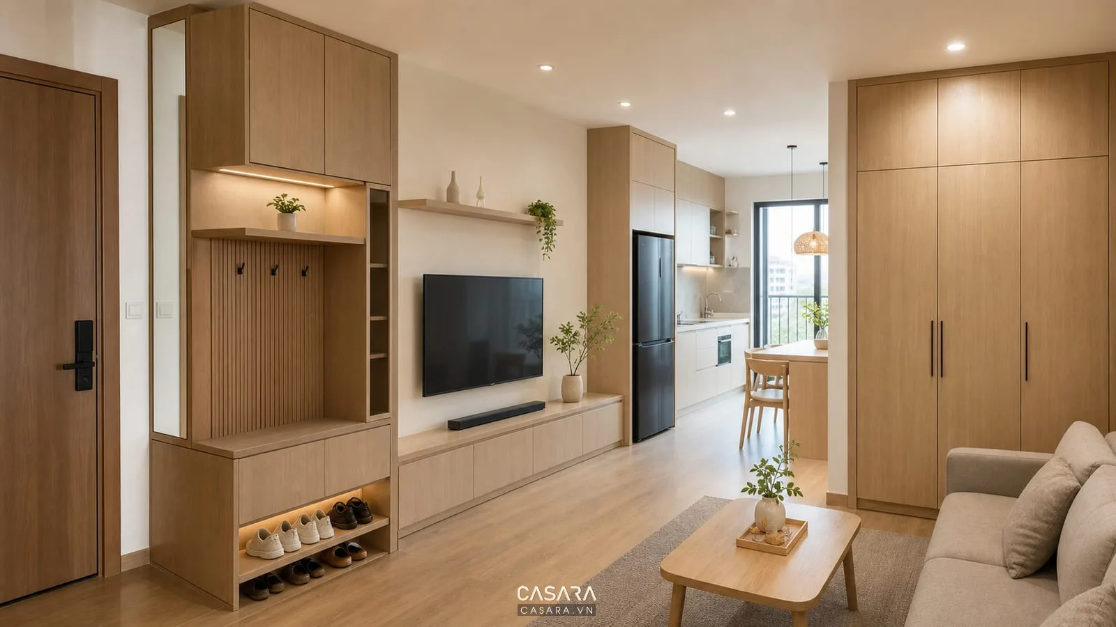 Hệ tủ lưu trữ cho thiết kế chung cư mini 50m2 gồm tủ giày tủ tivi tủ bếp và tủ áo