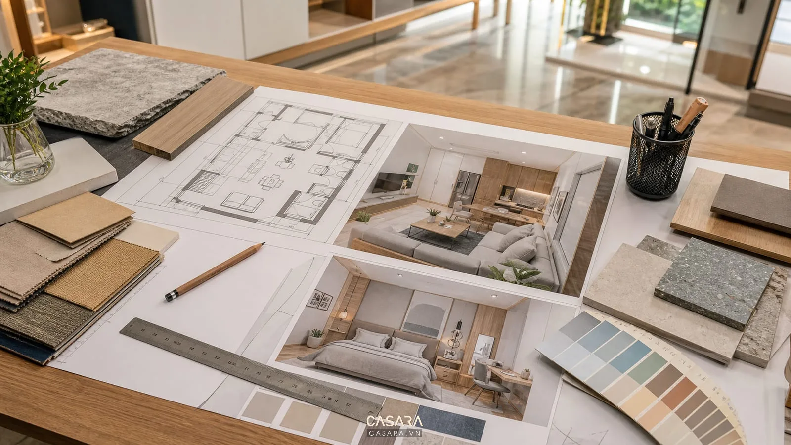 Hồ sơ thiết kế chung cư mini 50m2 với bản vẽ mặt bằng phối cảnh và mẫu vật liệu nội thất