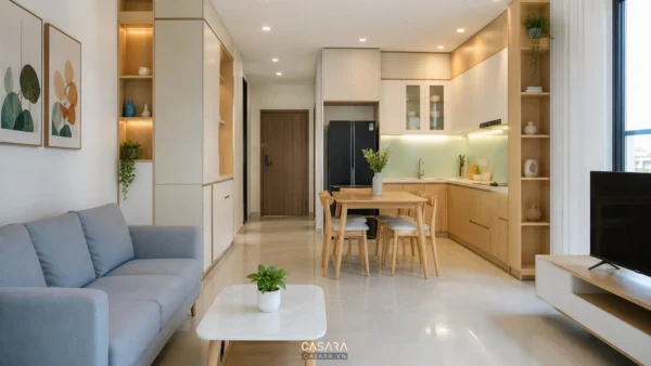 Phòng khách liền bếp trong căn hộ 70m2 với sofa xám, bàn ăn gỗ và hệ tủ màu sáng