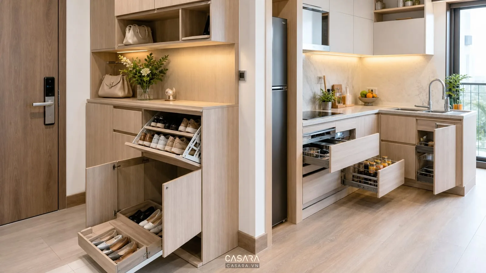 hệ tủ bếp và tủ giày trong thiết kế chung cư mini 70m2 với phụ kiện ray kéo và mặt đá bếp