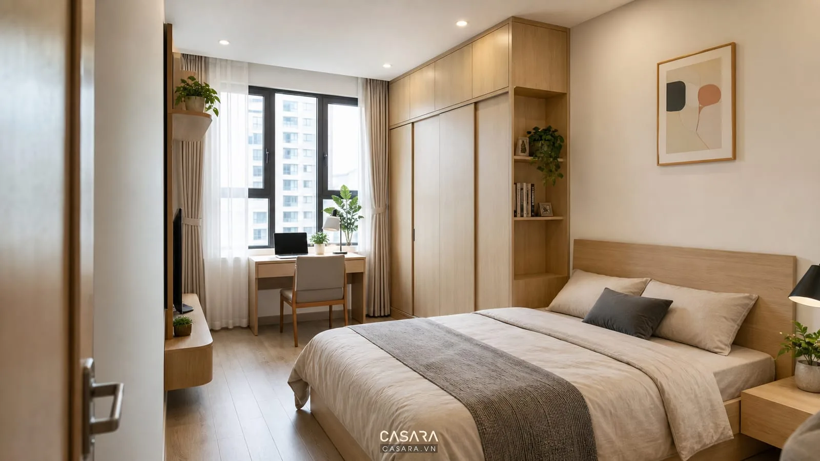 phòng ngủ nhỏ trong thiết kế chung cư mini 70m2 với giường tủ áo kịch trần và bàn làm việc cạnh cửa sổ