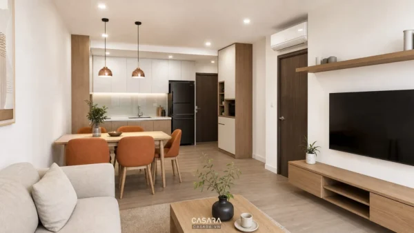 Phòng khách bếp căn hộ 70m2 với bàn ăn, sofa, kệ tivi và hệ tủ bếp trắng gỗ