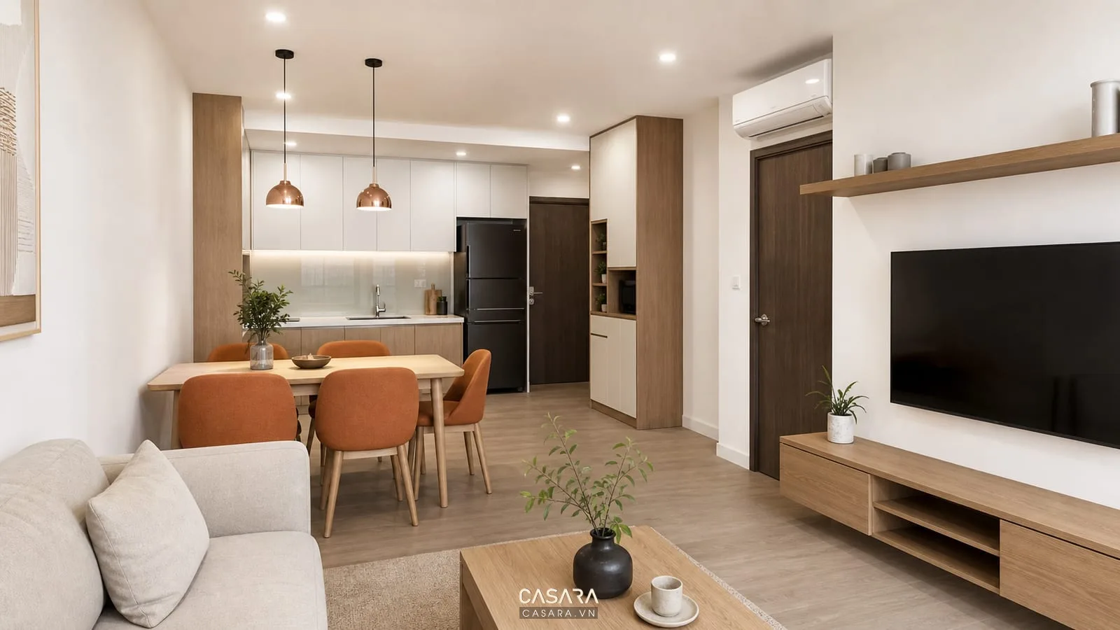 phòng khách bếp hiện đại trong thiết kế chung cư mini 70m2 với màu trắng gỗ đèn thả và kệ tivi phẳng