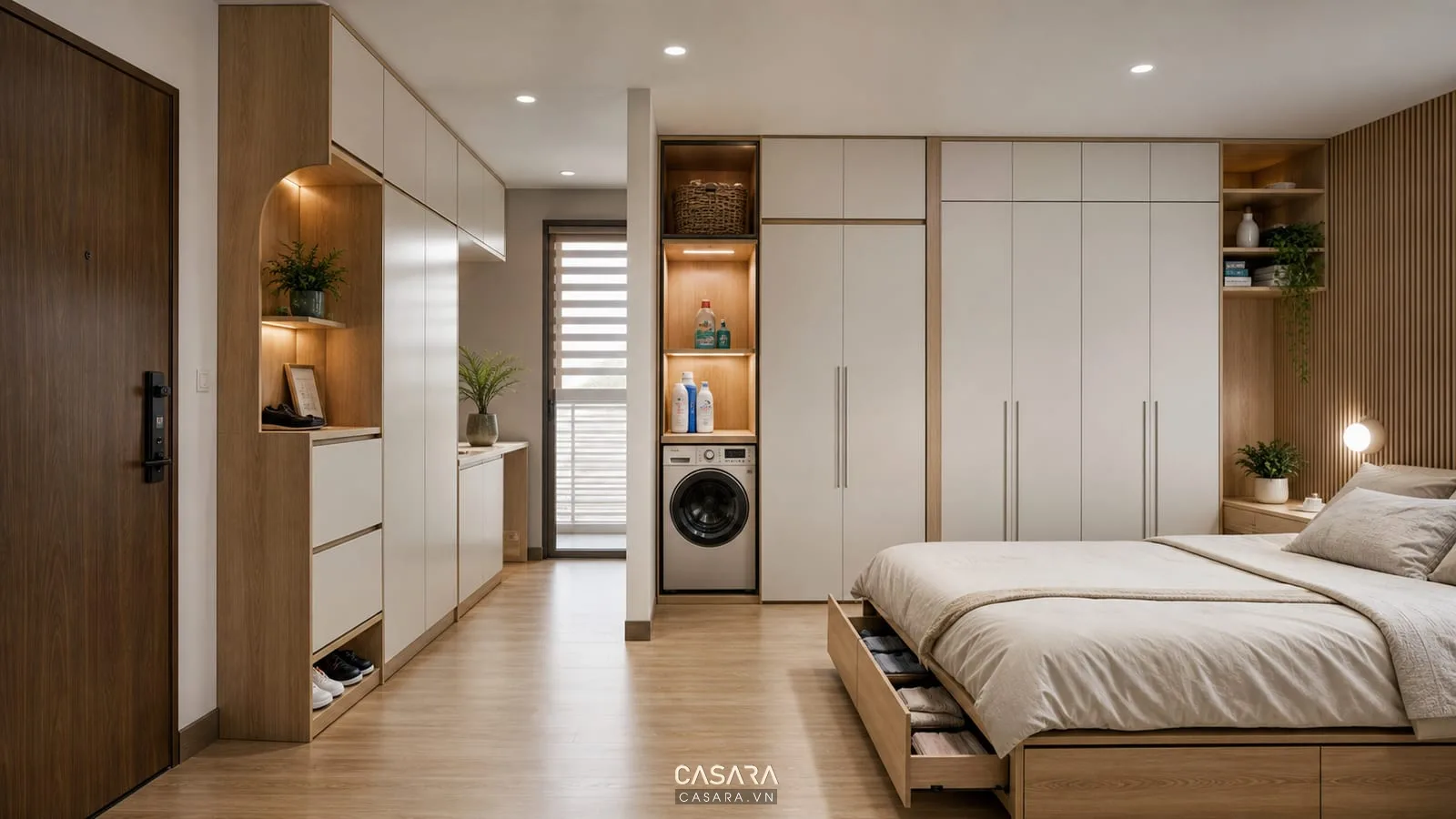Hệ tủ lưu trữ thiết kế chung cư mini 80m2 gồm tủ giày, tủ kho, tủ áo, hộc gầm giường và khoang máy giặt