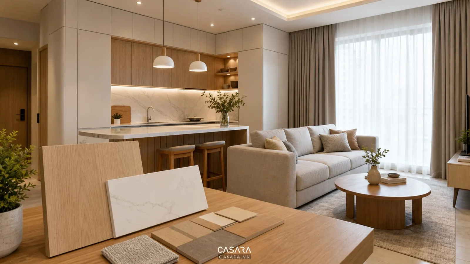 Vật liệu thiết kế chung cư mini 80m2 với gỗ sáng, đá bếp vân nhẹ, cánh tủ phẳng, sofa trung tính, rèm hai lớp và đèn ấm