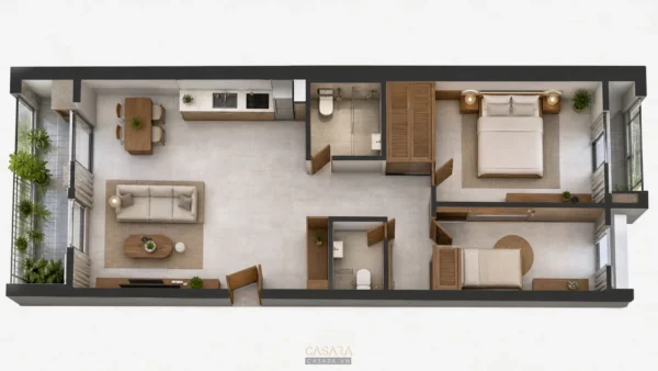 Mặt bằng 3D căn hộ mini 5x16m với phòng khách, bếp ăn và hai phòng ngủ