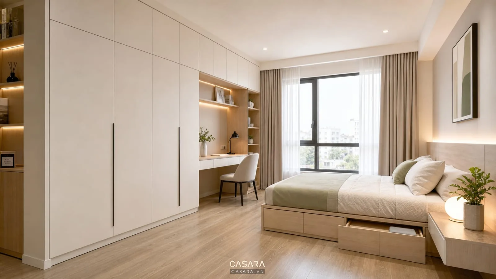 Phòng ngủ chung cư mini với tủ quần áo kịch trần bàn làm việc liền tủ và giường hộc kéo