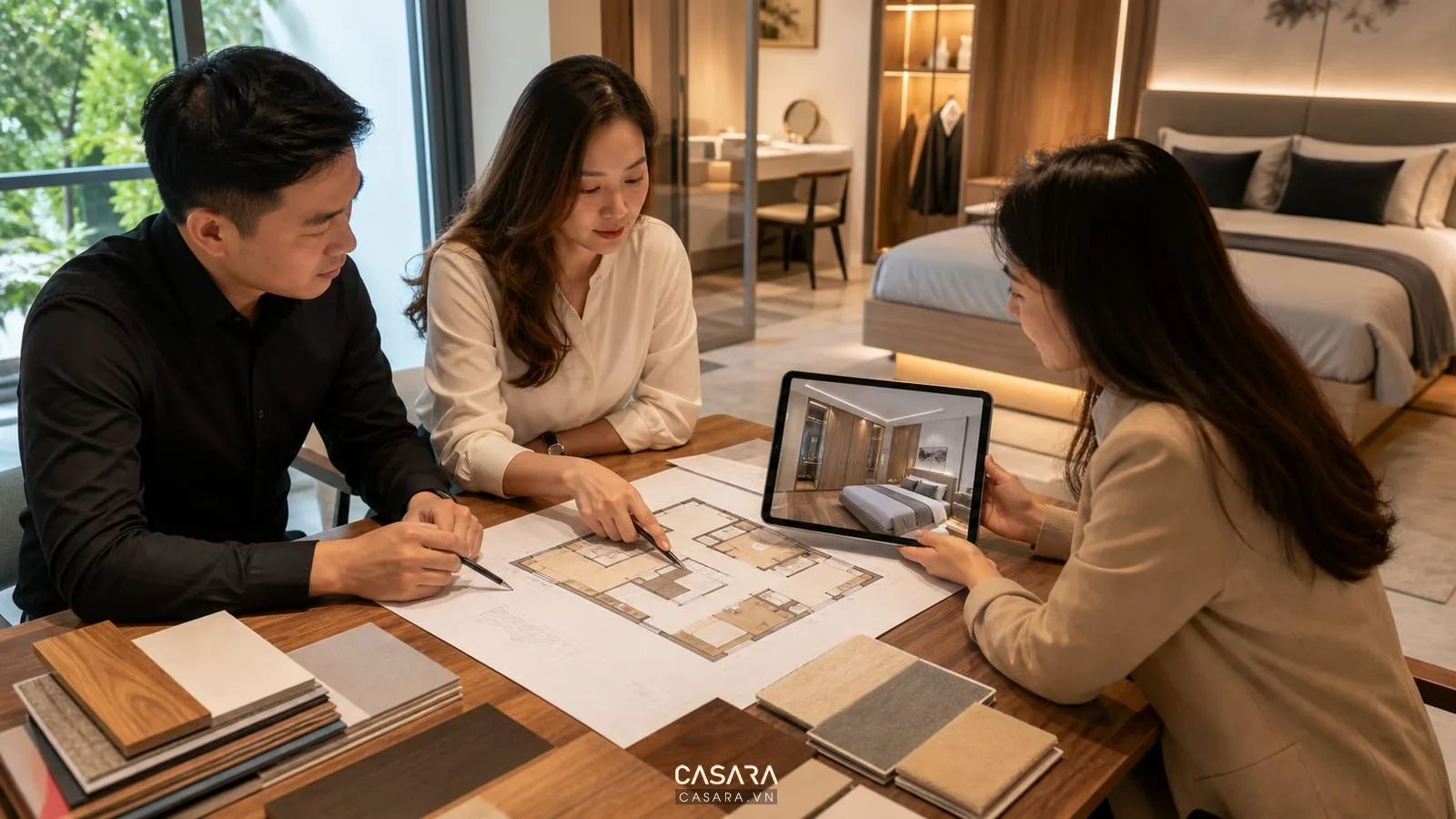 Tư vấn thiết kế chung cư mini 80m2 với bản vẽ phòng ngủ giường tủ bàn và mẫu vật liệu