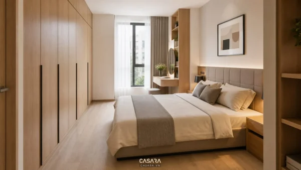 thiết kế chung cư mini 90m2 phòng ngủ master có giường đôi tủ áo kịch trần và lối đi quanh giường