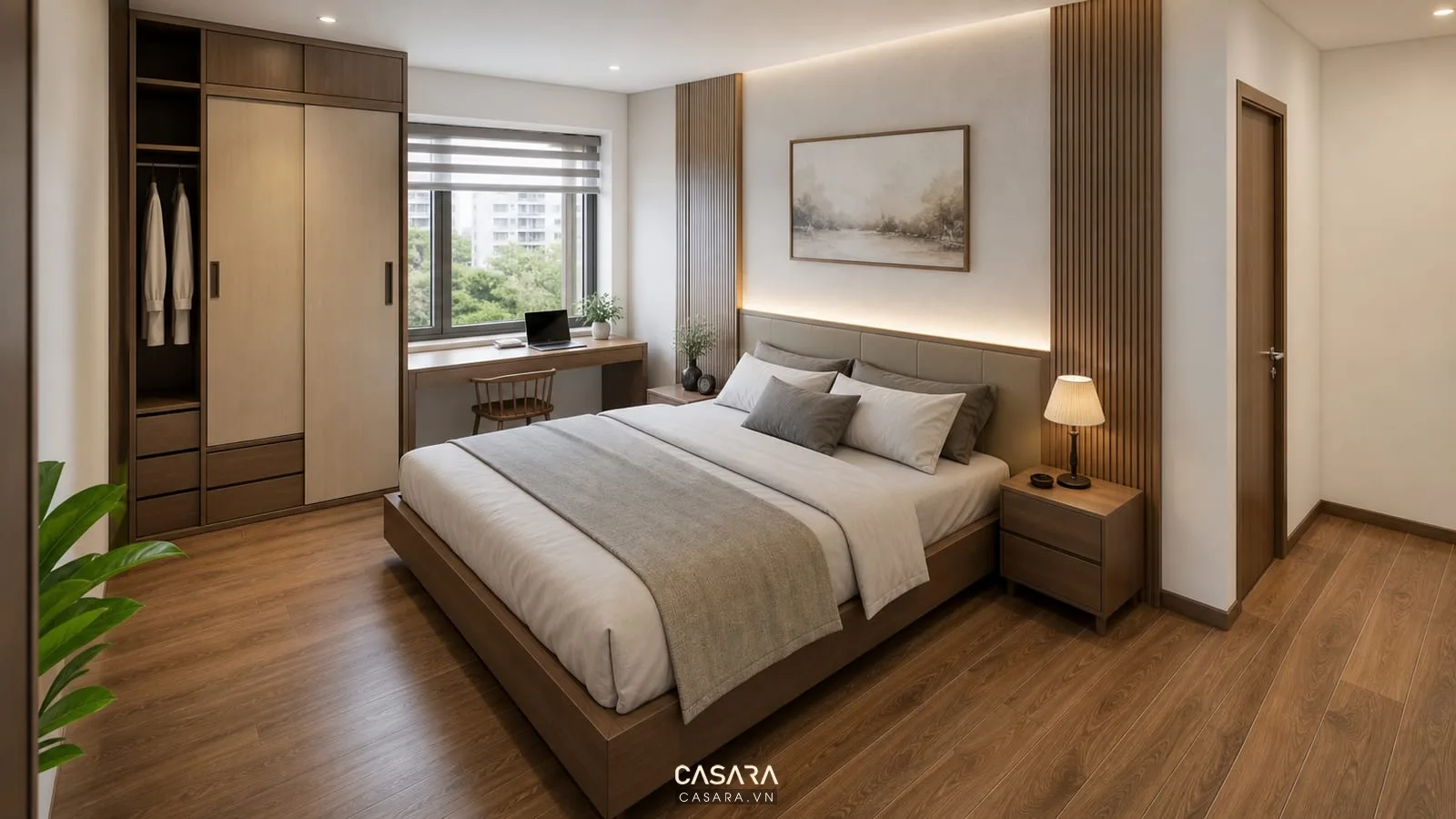 mặt bằng phòng ngủ trong thiết kế chung cư mini 90m2 với giường tủ áo bàn làm việc và lối đi thoáng