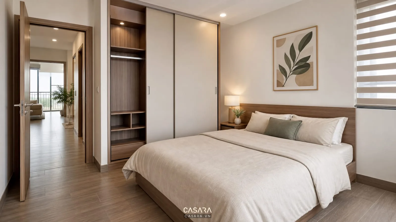 phòng ngủ chung cư mini 90m2 có lối đi quanh giường tủ áo cánh trượt và cửa mở thoáng