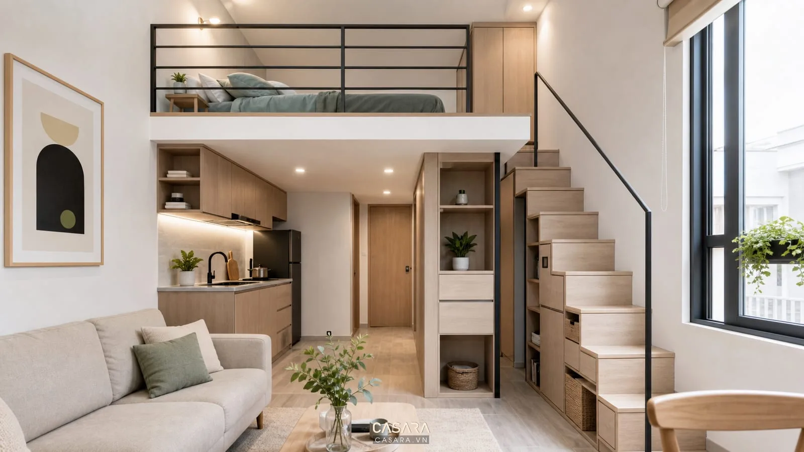 Thiết kế chung cư mini có gác xép với phòng khách nhỏ, bếp mở, cầu thang gọn và nội thất gỗ sáng màu