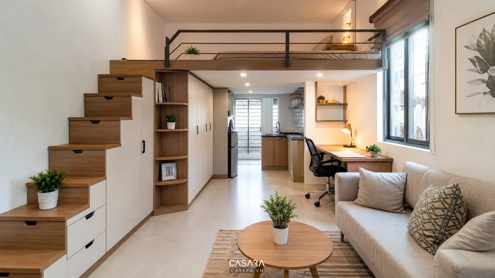 Chung cư mini có gác xép với cầu thang ngăn kéo, tủ áo dưới gầm, bàn làm việc nhỏ và giường trên gác