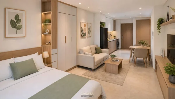 Căn hộ mini có giường ngủ, sofa, bếp nhỏ và bàn ăn trong cùng không gian