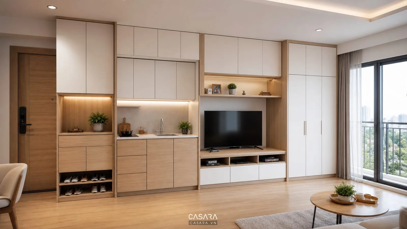 Hệ tủ chung cư mini đẹp với tủ giày tủ bếp kệ tivi và tủ áo gỗ sáng