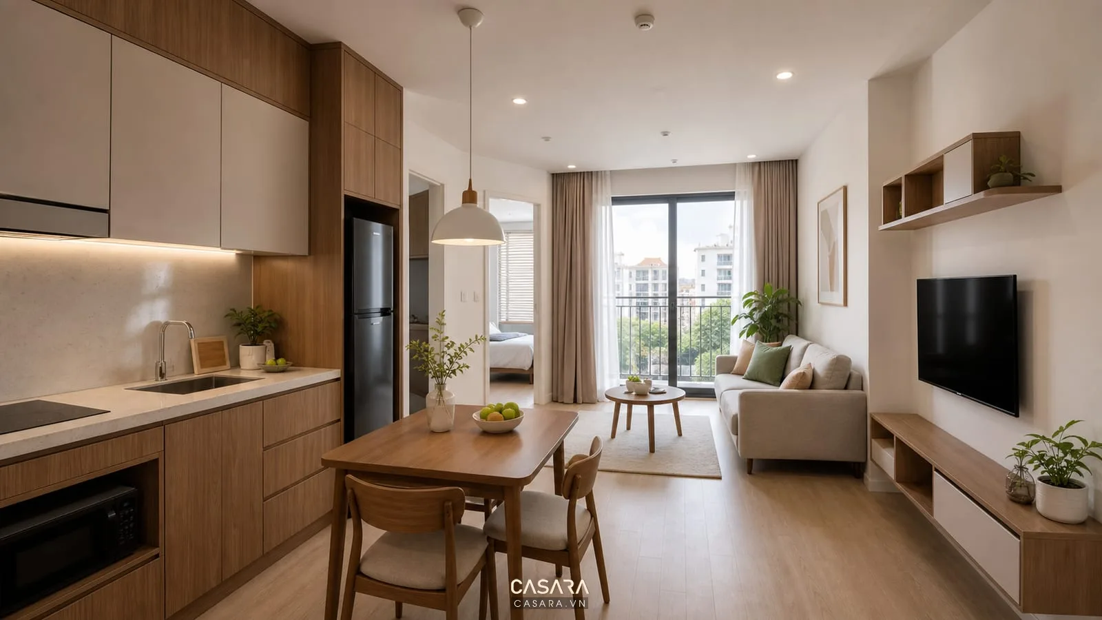 Bếp chung cư mini đẹp liền phòng khách với bàn ăn nhỏ sofa gọn và tủ bếp sáng màu