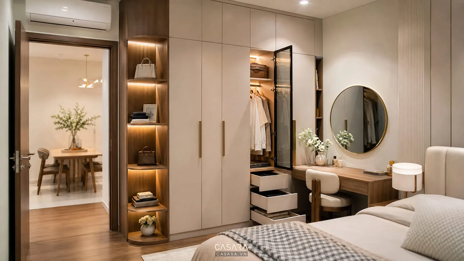 Phòng ngủ chung cư Mulberry Lane có tủ áo kịch trần và bàn trang điểm nhỏ