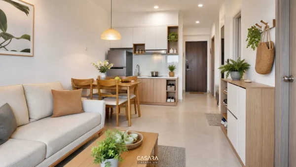 Phòng khách liền bếp với sofa sáng màu, bàn ăn gỗ và tủ giày cạnh lối vào