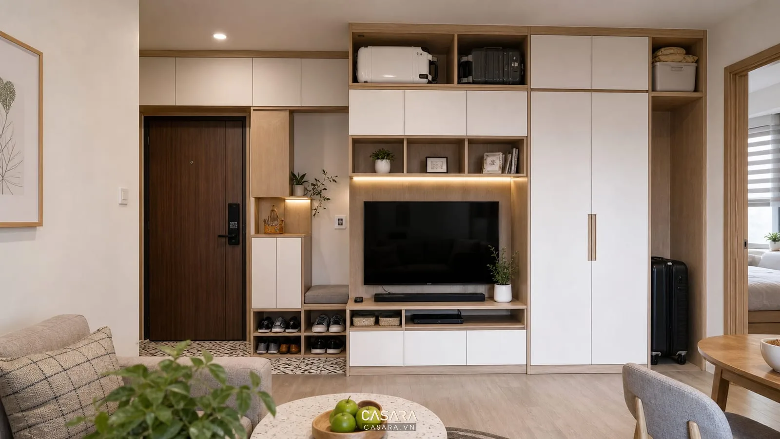 hệ tủ lưu trữ trong thiết kế chung cư nhà ở xã hội gồm tủ giày tủ tivi tủ áo và khoang để vali