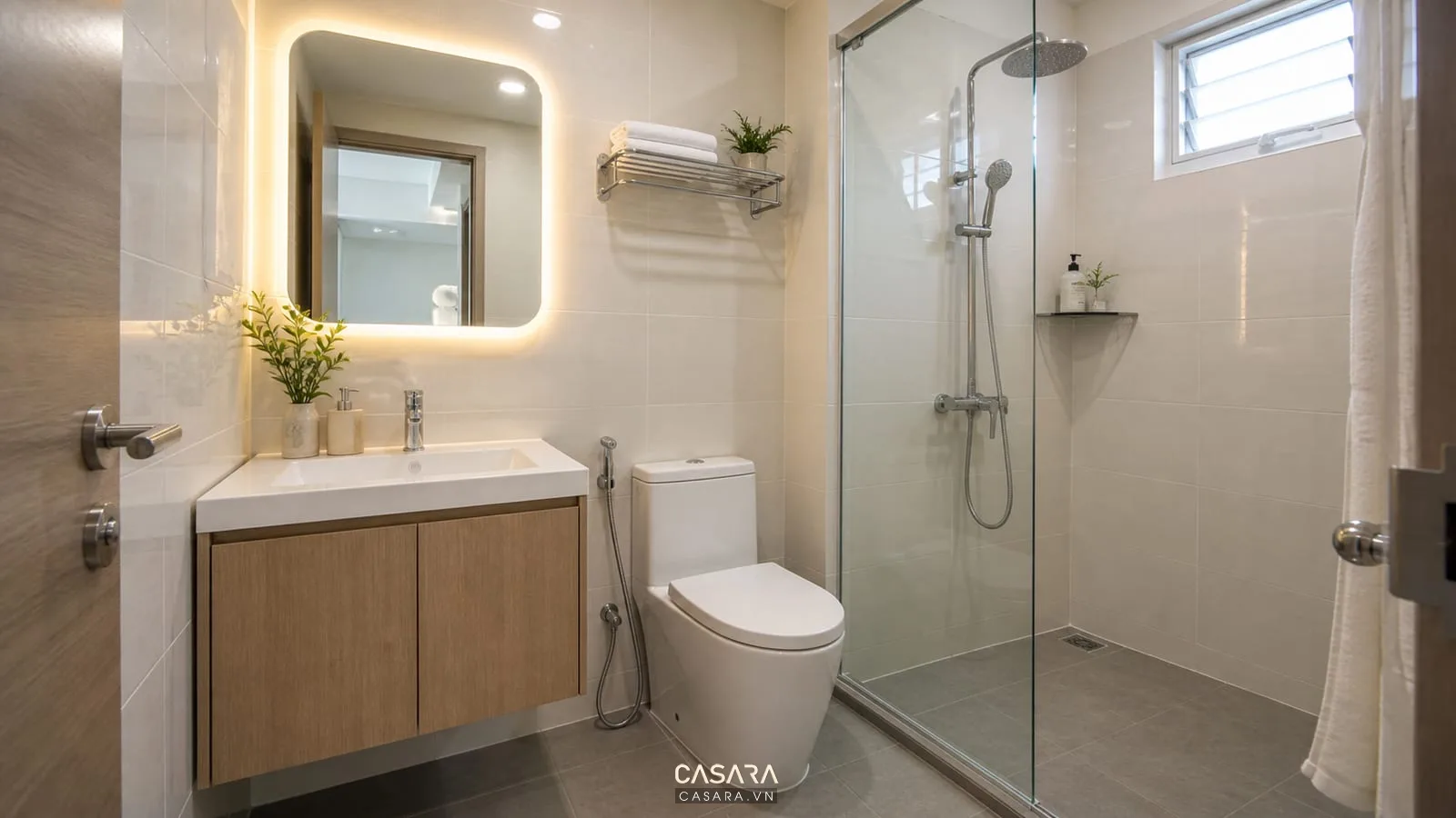thiết kế nhà vệ sinh chung cư nhỏ với lavabo gương đèn khu tắm gọn gạch sáng và tủ dưới chậu