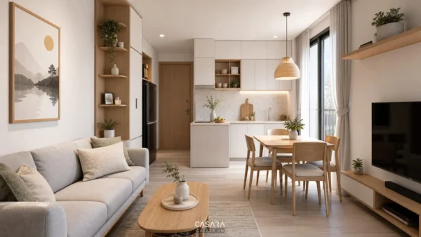 Phòng khách liền bếp căn hộ nhỏ với sofa sáng màu, bàn ăn gỗ và hệ tủ bếp gọn gàng