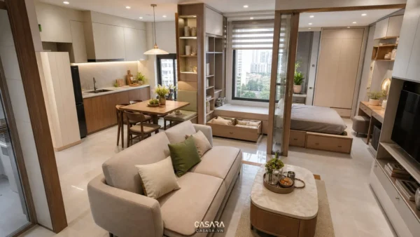 Căn hộ nhỏ có phòng khách liền bếp, bàn ăn gỗ và phòng ngủ ngăn bằng vách kính