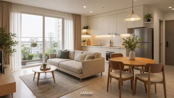 Phòng khách bếp liên thông với sofa sáng màu, bàn ăn tròn và cửa kính lớn