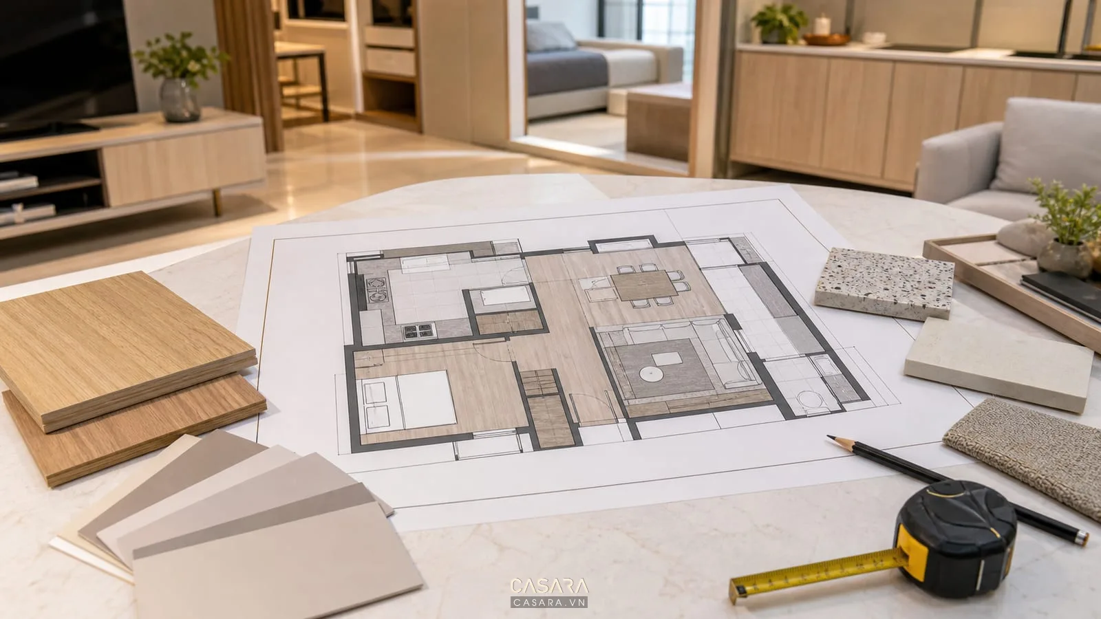Mặt bằng thiết kế chung cư nhỏ đẹp với sơ đồ phòng khách bếp lối đi và mẫu vật liệu sáng
